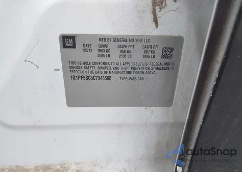 2012 Chevrolet Cruze 1Lt из США, поврежденный, VIN 1G1PF5SC5C7343568